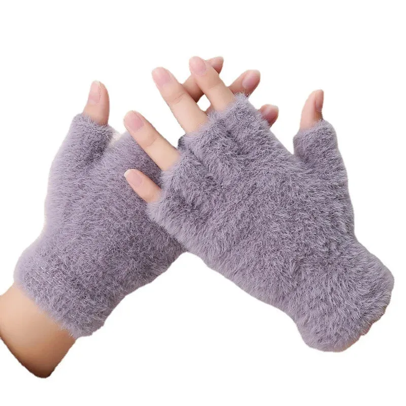 Women Men Half Finger Winter Imitation Mink Cashmere Gloves Touch Screen Writing Woolen Warm Mittens For Driving Outdoor Sports